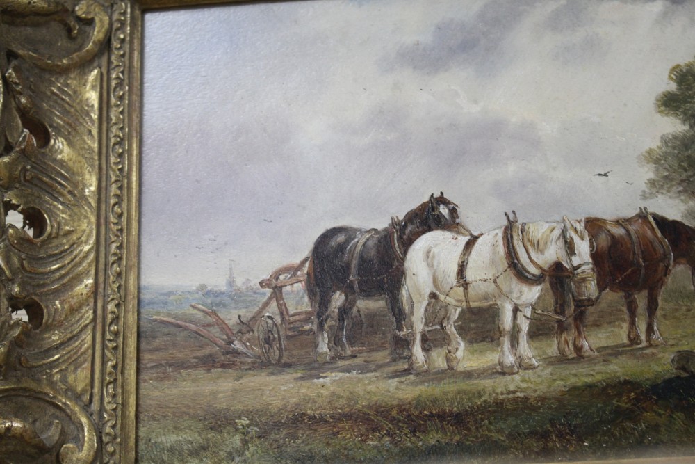 Henry Earp Snr. (1831-1914) oil on panel, Plough horses at rest, signed, 18 x 28.5cm